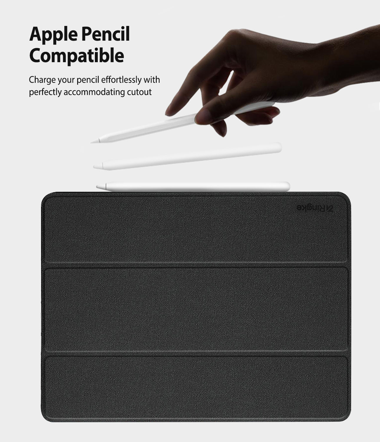 Smart Cover Apple Pencil Stand | iPad - A black textured smart case with a white stylus resting on top, shown on a light gray background with text reading 'Apple Pencil Compatible' and a hand holding the stylus above the case.