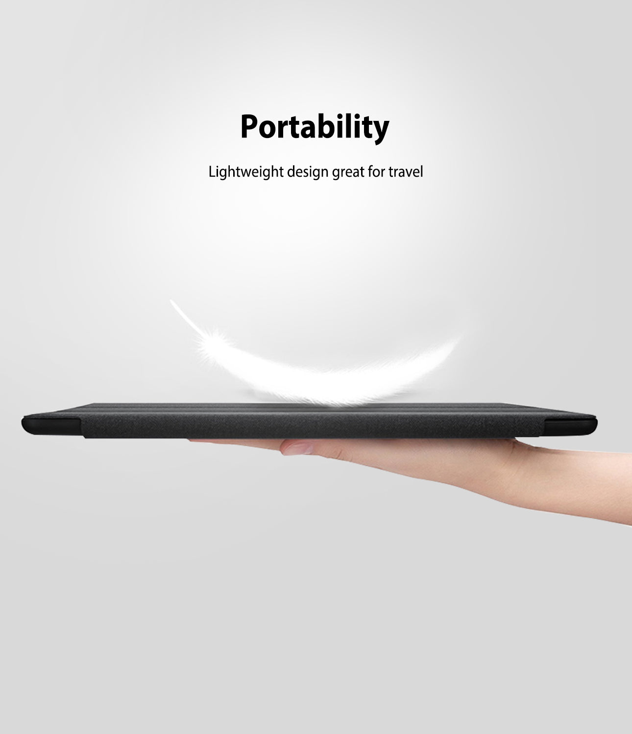 Smart Cover Apple Pencil Stand | iPad - A hand holding a slim black tablet horizontally against a light gray background, with the words 'Portability' and 'Lightweight design great for travel' above it and a white curved glow suggesting weightlessness.
