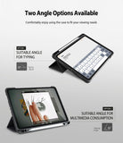 Smart Cover Apple Pencil Stand | iPad - A promotional graphic showing a tablet case with two viewing angle options for an iPad. The top option is labeled suitable for typing at 30 degrees, and the bottom option is labeled suitable for multimedia consumption at 60 degrees.