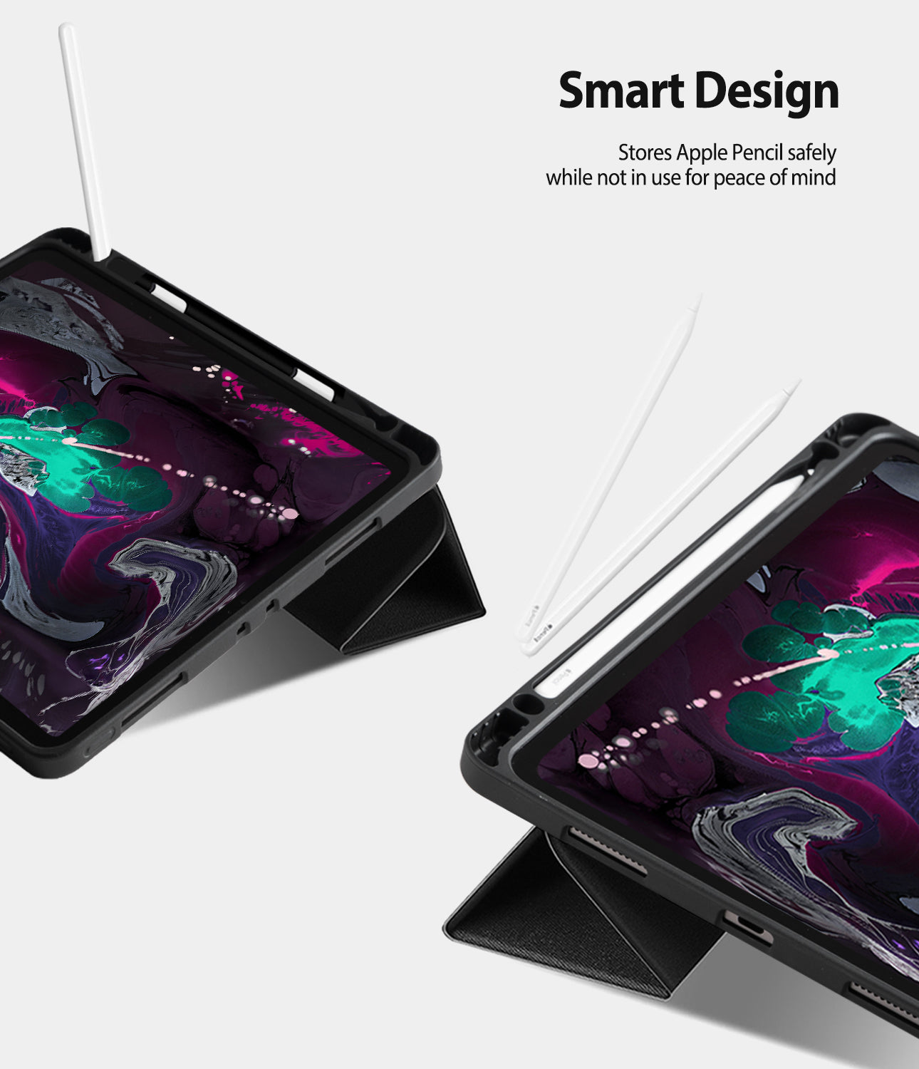 Smart Cover Apple Pencil Stand | iPad - Black tablet case with a kickstand shown in two angled views on a light gray background, with a stylus resting beside each tablet and text reading 'Smart Design' and a smaller descriptive copy.