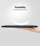 Smart Cover Apple Pencil Stand | iPad - A hand holding the edge of a slim black tablet or laptop against a light gray background, with the words 'Portability' and 'Lightweight design great for travel' above it and a white feather graphic suggesting lightness.