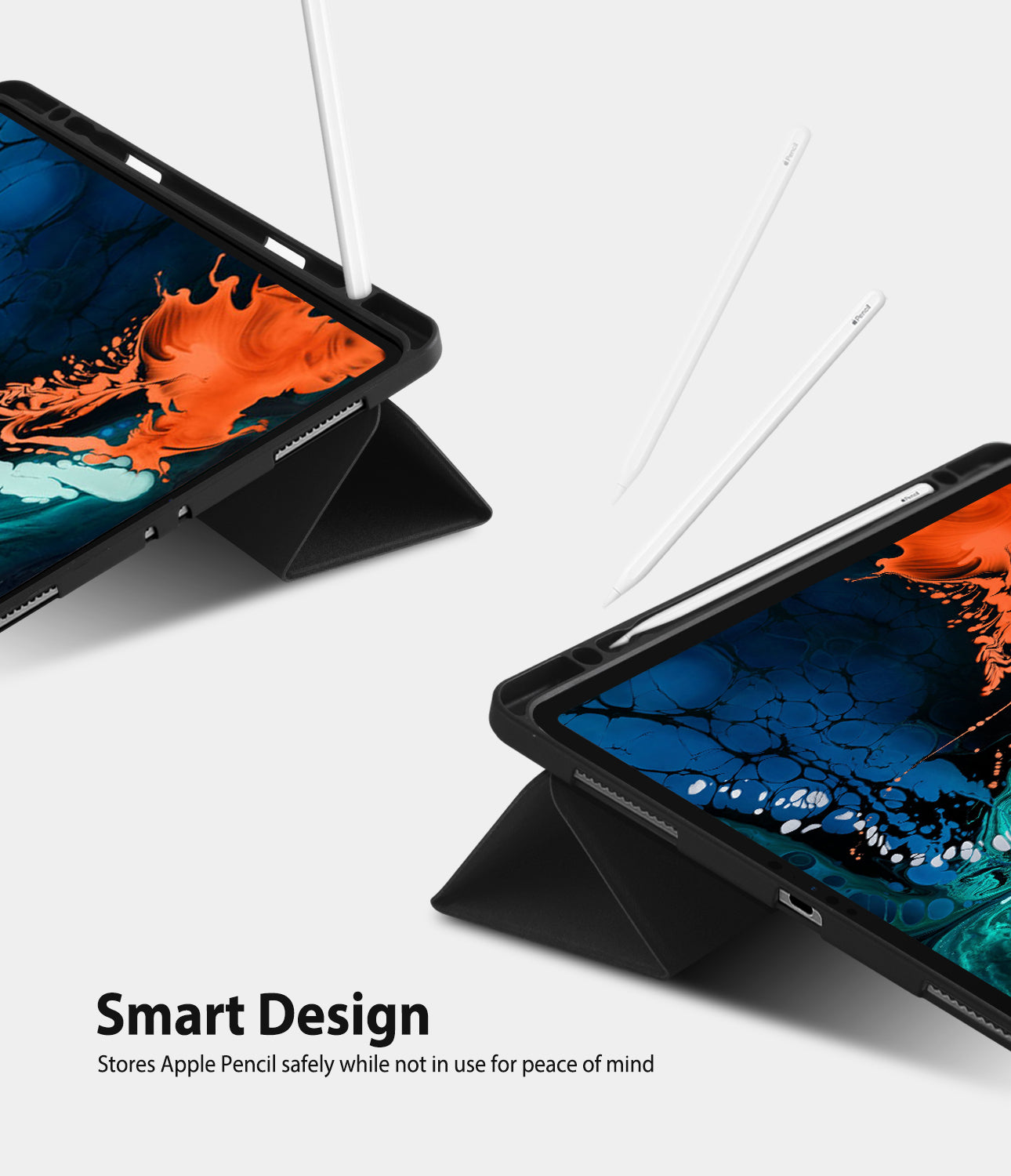 Smart Cover Apple Pencil Stand | iPad - Black tablet case with built-in kickstand shown on a light gray background, with two white Apple Pencil styluses floating above and text reading 'Smart Design' and 'Stores Apple Pencil safely while not in use for peace of mind.'.
