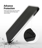 Smart Cover Apple Pencil Stand | iPad - A black smartphone case shown at an angle with marketing text reading 'Advance Protection' and a circular close-up inset highlighting a textured corner design, on a white background with a cracked-glass graphic near the bottom.