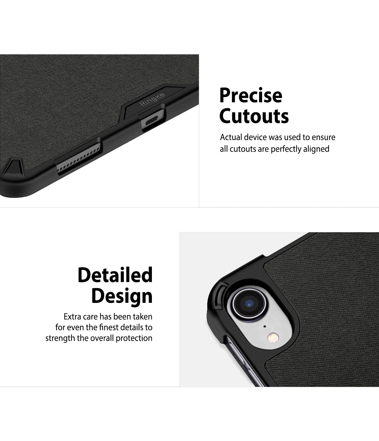 Smart Cover Apple Pencil Stand | iPad - Black rugged phone case with precise cutouts and detailed design, shown in two close-up views with explanatory text on a white background.