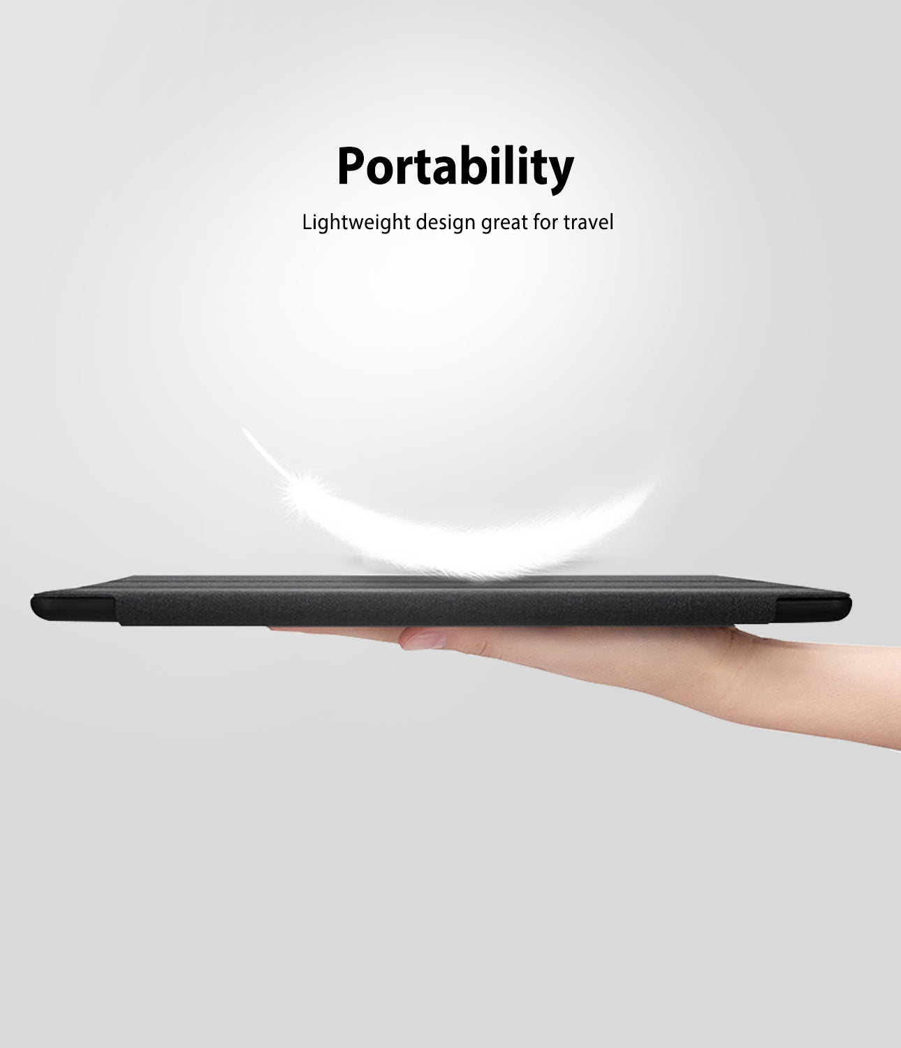 Smart Cover Apple Pencil Stand | iPad - A hand holding the edge of a slim black tablet or laptop against a light gray background, with the words 'Portability' and 'Lightweight design great for travel' above it and a white feather graphic suggesting lightness.