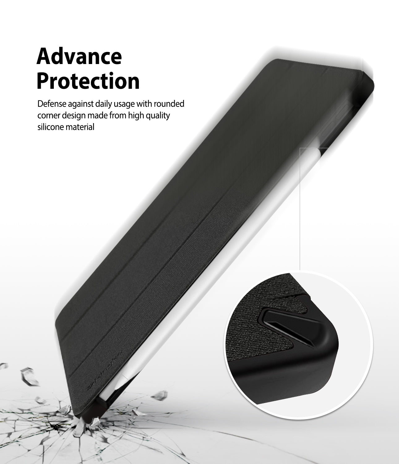 Smart Cover Apple Pencil Stand | iPad - A black smartphone case shown at an angle with marketing text reading 'Advance Protection' and a circular close-up inset highlighting a textured corner design, on a white background with a cracked-glass graphic near the bottom.