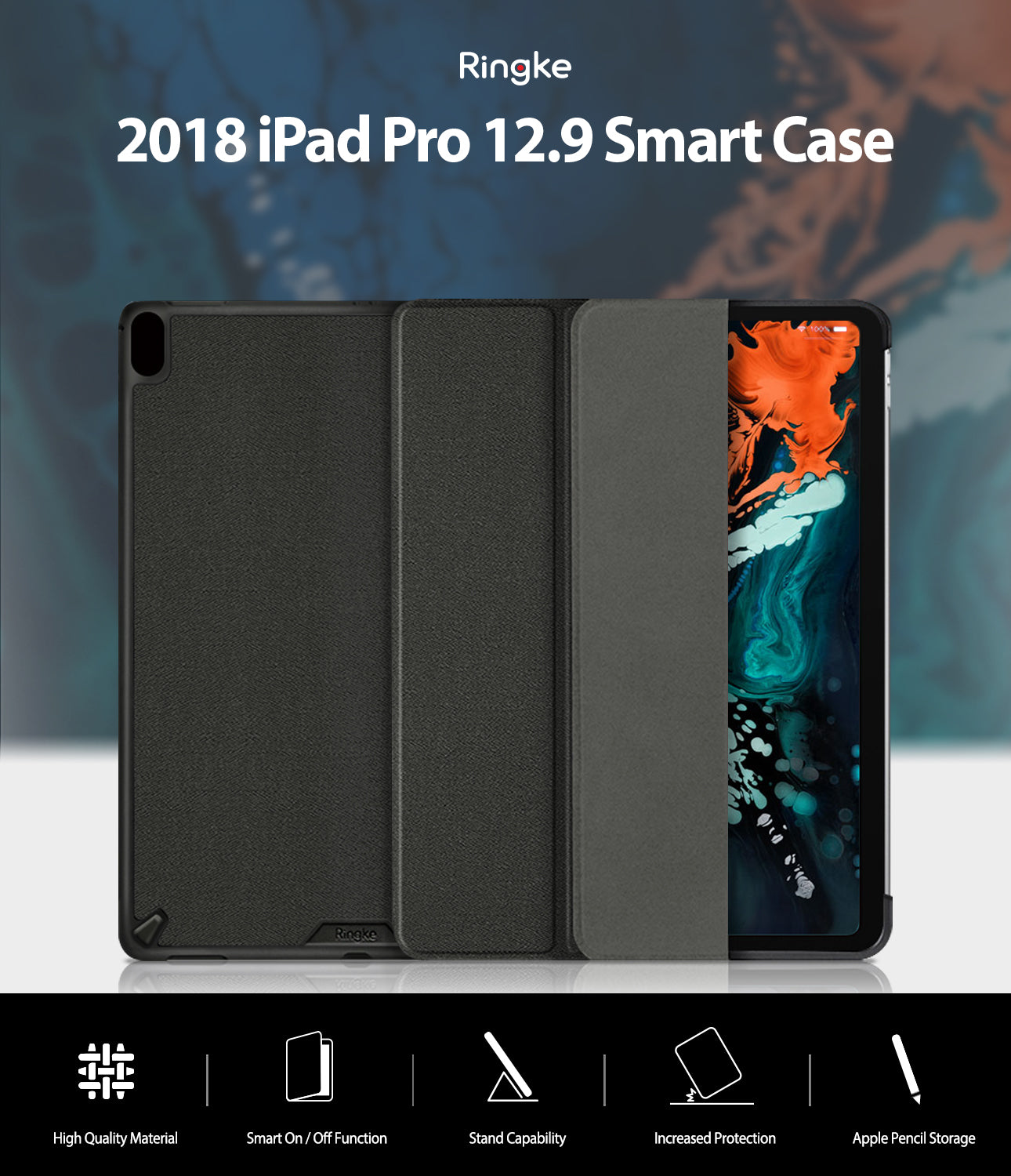Smart Cover Apple Pencil Stand | iPad - Ringke 2018 iPad Pro 12.9 Smart Case shown in three views: closed, open, and partially open with a phone inserted.