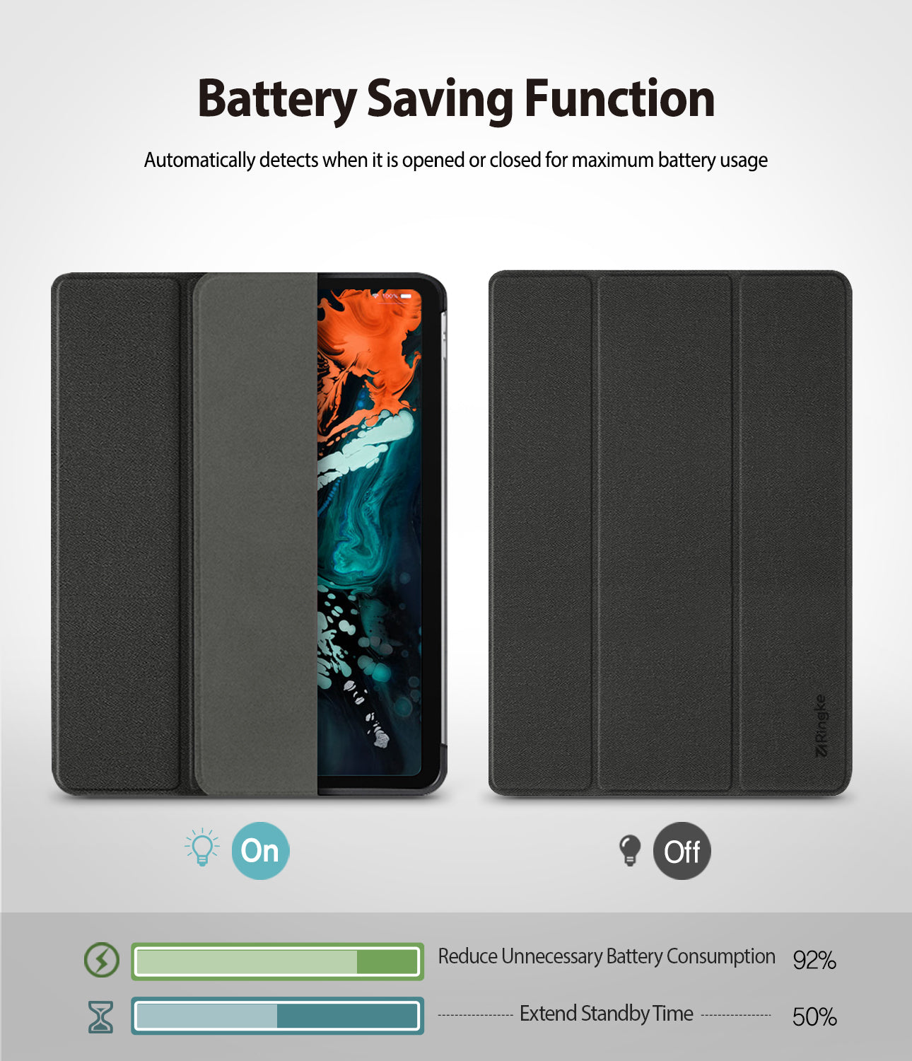 Smart Cover Apple Pencil Stand | iPad - A promotional graphic for a black folio-style phone case showing two views: one with the phone inserted and labeled 'On' with a battery-saving icon, and one closed without the phone inside and labeled 'Off' with a light bulb icon. Text at the top reads 'Battery Saving Function,' and a small 'SILICONE' mark appears near the lower right edge of the case.