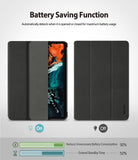 Smart Cover Apple Pencil Stand | iPad - A promotional graphic for a black folio-style phone case showing two views: one with the phone inserted and labeled 'On' with a battery-saving icon, and one closed without the phone inside and labeled 'Off' with a light bulb icon. Text at the top reads 'Battery Saving Function,' and a small 'SILICONE' mark appears near the lower right edge of the case.