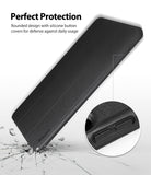 Smart Cover Apple Pencil Stand | iPad - Black folio-style phone case shown at an angle on a white background, with marketing text reading 'Perfect Protection' and a circular inset highlighting the rounded button cover and protective edge design.