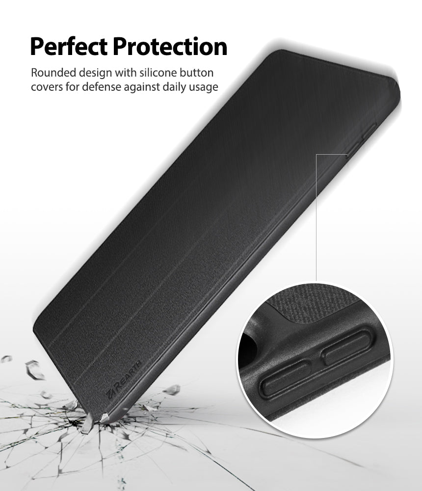 Smart Cover Apple Pencil Stand | iPad - Black folio-style phone case shown at an angle on a white background, with marketing text reading 'Perfect Protection' and a circular inset highlighting the rounded button cover and protective edge design.