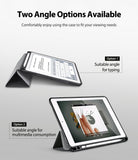 Smart Cover Apple Pencil Stand | iPad - A promotional graphic showing a tablet in a black protective case with two viewing options labeled Option 1 and Option 2. Text at the top reads 'Two Angle Options Available' and explains that the case can be used at different angles for typing or multimedia consumption.