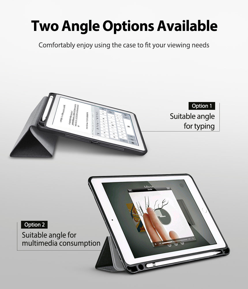 Smart Cover Apple Pencil Stand | iPad - A promotional graphic showing a tablet in a black protective case with two viewing options labeled Option 1 and Option 2. Text at the top reads 'Two Angle Options Available' and explains that the case can be used at different angles for typing or multimedia consumption.