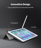 Smart Cover Apple Pencil Stand | iPad - A tablet in a black protective case with a fold-out stand, shown with a white stylus resting in its holder. The image includes text labels pointing to the 'Pencil Storage Area' and 'Pencil Holder' under the heading 'Innovative Design'.