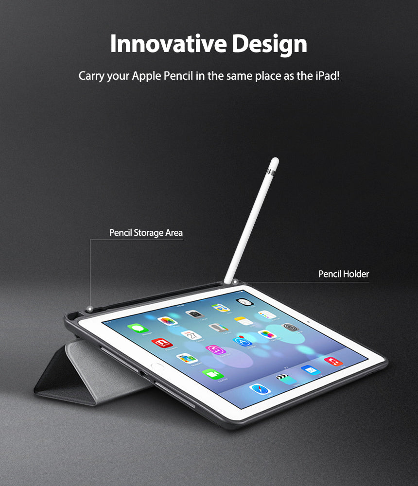 Smart Cover Apple Pencil Stand | iPad - A tablet in a black protective case with a fold-out stand, shown with a white stylus resting in its holder. The image includes text labels pointing to the 'Pencil Storage Area' and 'Pencil Holder' under the heading 'Innovative Design'.