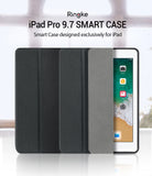 Smart Cover Apple Pencil Stand | iPad - Ringke iPad Pro 9.7 Smart Case shown in three dark gray/black textured views with a tablet partially inserted on the right, on a light studio background with product text at the top.