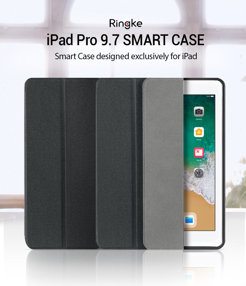 Smart Cover Apple Pencil Stand | iPad - Ringke iPad Pro 9.7 Smart Case shown in three dark gray/black textured views with a tablet partially inserted on the right, on a light studio background with product text at the top.