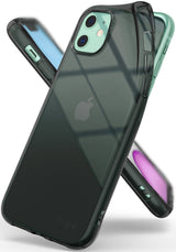 iPhone 11 Case | Air - Translucent smoke black protective case on a mint green iPhone 11, shown from front and back angles.