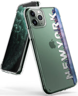 iPhone 11 Pro Case | Fusion Design - Clear phone case with a New York city skyline graphic and text on a green iPhone.