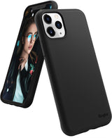 iPhone 11 Pro Case | Air-S - Matte black phone case shown from front and back angles with a woman displayed on the screen.