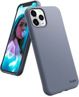 iPhone 11 Pro Case | Air-S - Lavender gray phone case shown from front and back angles with a woman blowing a bubble on the screen.