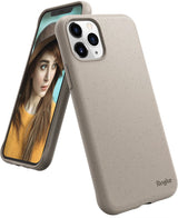 iPhone 11 Pro Case | Air-S - Sand stone textured phone case on an iPhone 11 Pro showing the triple camera and Ringke logo.