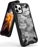 iPhone 11 Pro Max Case | Fusion-X Design - Black rugged case with a clear, grey camouflage back pattern on an iPhone.