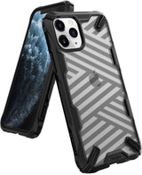 iPhone 11 Pro Max Case | Fusion-X Design - Black rugged phone case with clear back and diagonal stripe pattern.