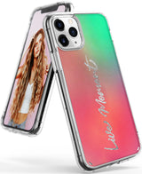 iPhone 11 Pro Case | Fusion Design - Clear phone case with a pink-to-green gradient and silver Live Moment text.