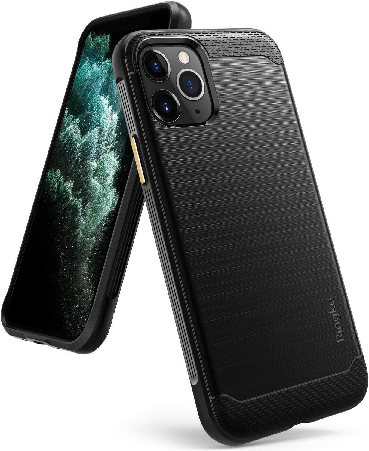 iPhone 11 Pro Max Case | Onyx - Black - Black brushed metal texture phone case with triple camera cutout and Ringke logo.