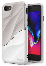 iPhone 8 / 7 Case | Wave - White and gray phone case with a flowing wave pattern and Ringke branding on a smartphone.