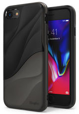 iPhone 8 / 7 Case | Wave - Black phone case with a wavy, dual-texture design and a smartphone showing a colorful screen.