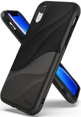 iPhone XR Case | Wave - Black protective phone case with a textured, wavy design and Ringke branding on the bottom corner.