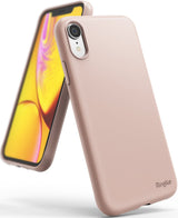 iPhone XR Case | Air-S - Pink sand matte phone case on an iPhone XR with a vibrant yellow and pink screen display.