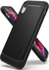 iPhone XR Case | Onyx - Black brushed metal texture phone case with diagonal ribbed accents and Ringke branding.