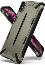 iPhone XS Case | Dual-X [DX] - Rugged olive green and black protective phone case with geometric accents and Ringke branding.