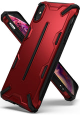 iPhone XS Case | Dual-X [DX] - Rugged red and black protective phone case with a textured, geometric design.