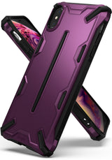 iPhone XS Case | Dual-X [DX] - Metallic purple rugged phone case with black accents and geometric design on a white background.