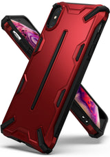 iPhone XS Max Case | Dual-X [DX] - Rugged red and black protective phone case with geometric accents and Ringke branding.