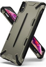 iPhone XS Max Case | Dual-X [DX] - Sand-colored rugged protective case with black accents and geometric design.