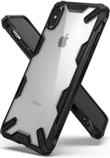 iPhone XS Max Case | Fusion-X - Clear back case with rugged black bumper frame and Ringke branding on the bottom.