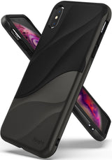 iPhone XS Max Case | Wave - Two black phone cases with a textured, wavy design stacked against each other.