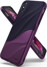 iPhone XS Max Case | Wave - Metallic purple phone case with a textured, wavy black design and Ringke branding.