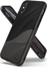 iPhone XS Case | Wave - Matte black phone case with a textured, wavy design and Ringke branding on the back.
