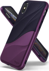iPhone XS Case | Wave - Metallic purple and dark navy phone case with a textured, wavy design and Ringke branding.