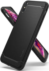 iPhone XS Max Case | Onyx - Black brushed metal texture phone case with carbon fiber accents and Ringke branding.