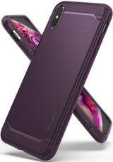 iPhone XS Max Case | Onyx - Lilac purple phone case with a brushed metal texture and carbon fiber accents on top and bottom.