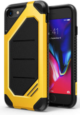 iPhone 8 / 7 Case | Max - Rugged yellow and black protective case on an iPhone with a colorful abstract screen display.