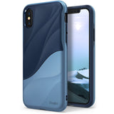 iPhone X Case | Wave - Coastal blue phone case with a dual-tone wavy design and a desert landscape screen display.