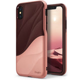 iPhone X Case | Wave - Rose blush and dark brown dual-tone phone case with a wavy design and Ringke logo branding.